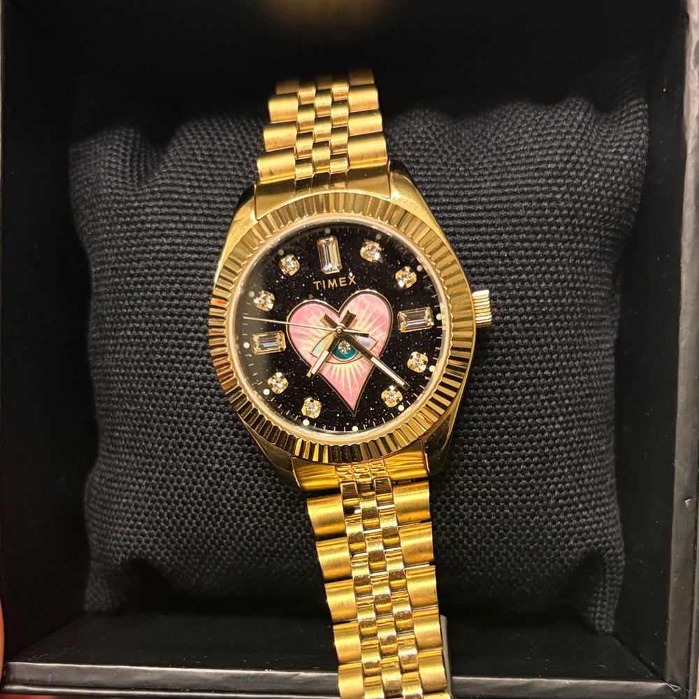 Jacquie Aiche Gold Tone Bracelet Watch with Black Dial and Pink Heart